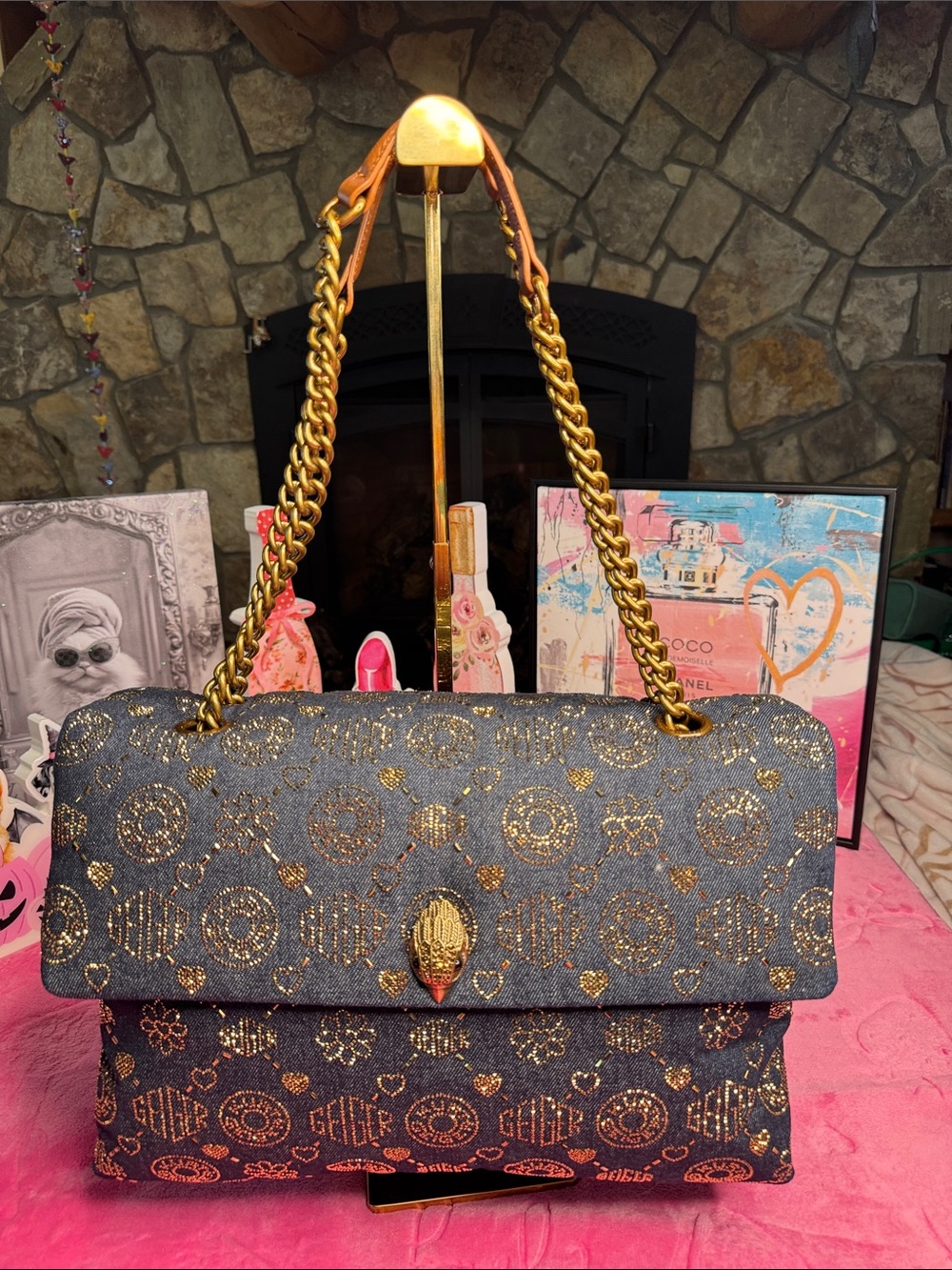 Kurt Geiger Rare XXL Battersea Denim Sparkle Bag - Dark Gold Chain NWT - Picture 3 of 17